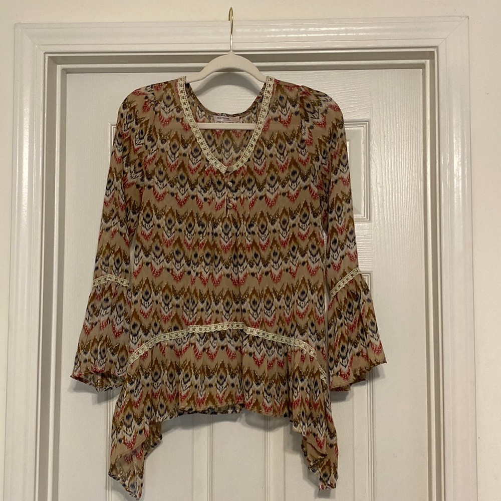 Boho long sleeve, tribal print sheer Blu Pepper Vintage blouse.